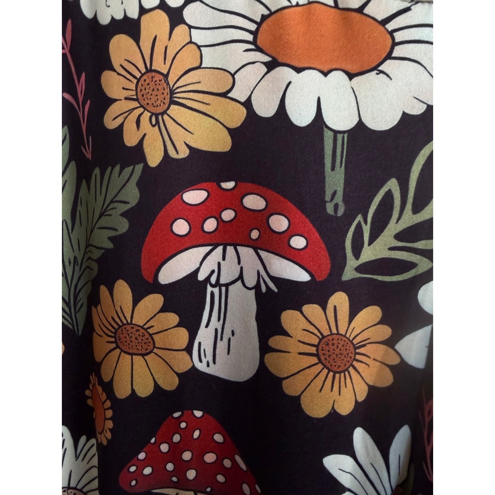 Retro Mushroom Daisy Print Flare Leg Pants Black 70s Style Stretchy Bell Bottoms - Picture 3 of 5